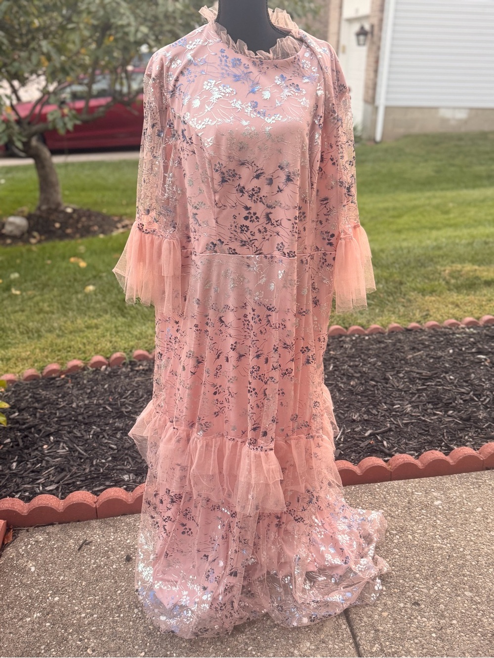 SHEIN Pink Floral Lace Ruffle Maxi Dress